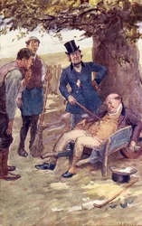 Boldwig kapitány felébreszti Pickwick urat, címlapkép Charles Dickens "The Pickwick Papers" című művéből.